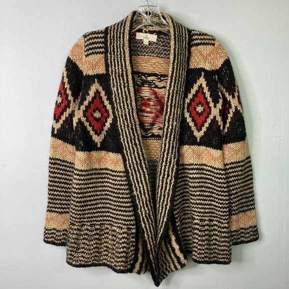 Pink Republic Southwestern Open Front Cardigan Knit Sweater Tan Red Black Size M - Picture 13 of 16